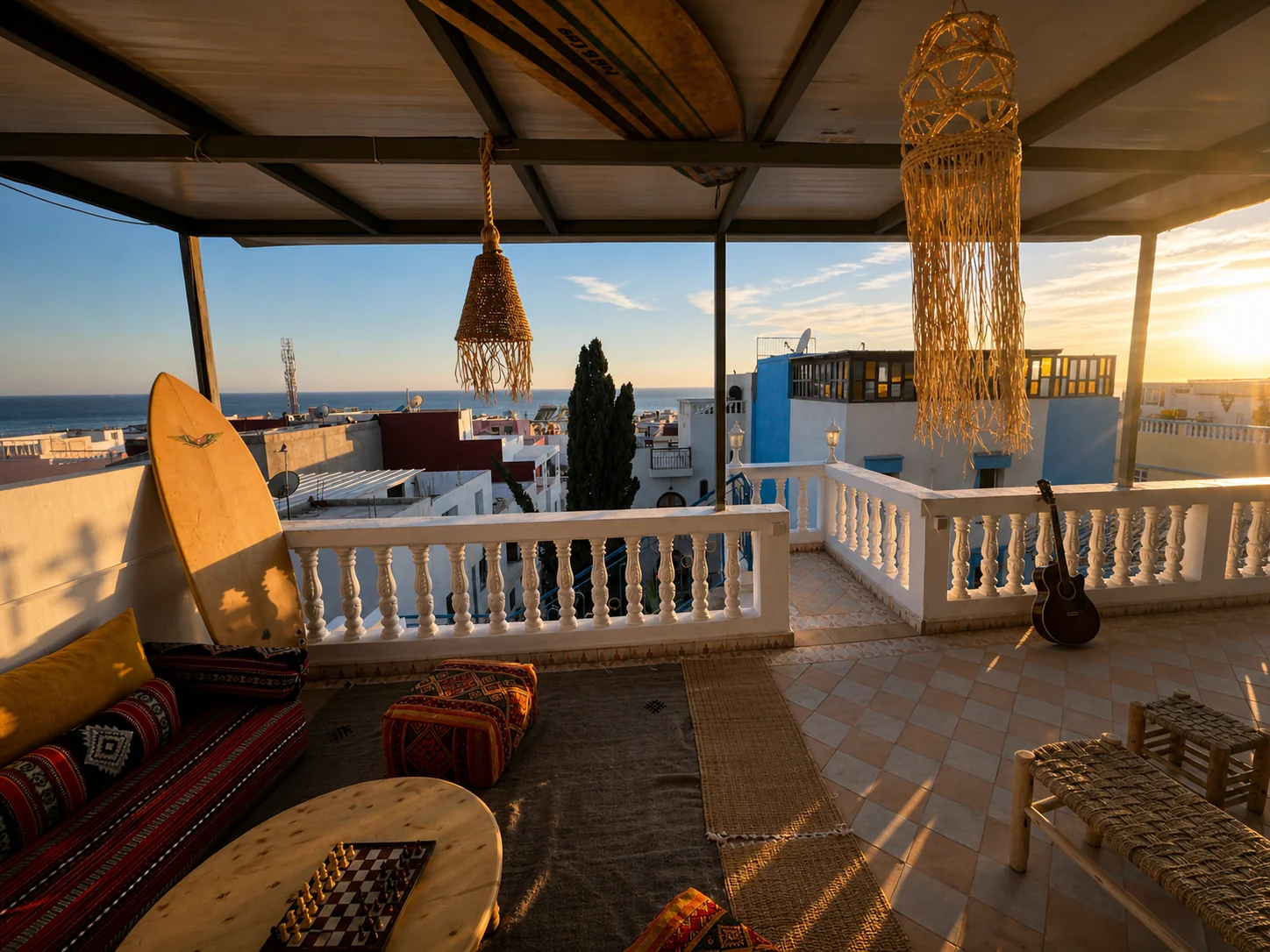 Blick von der Dachterrasse des Nomad Surf Camps in Tamraght